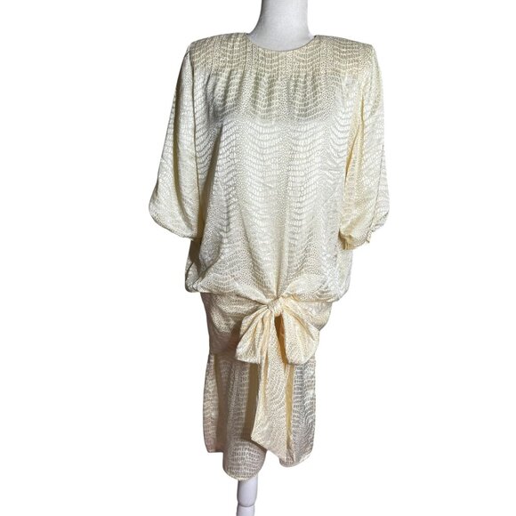 Argenti Vintage 80s Cream Textured Dress Small Tie Waist Buttons Golden Girls - Picture 1 of 7